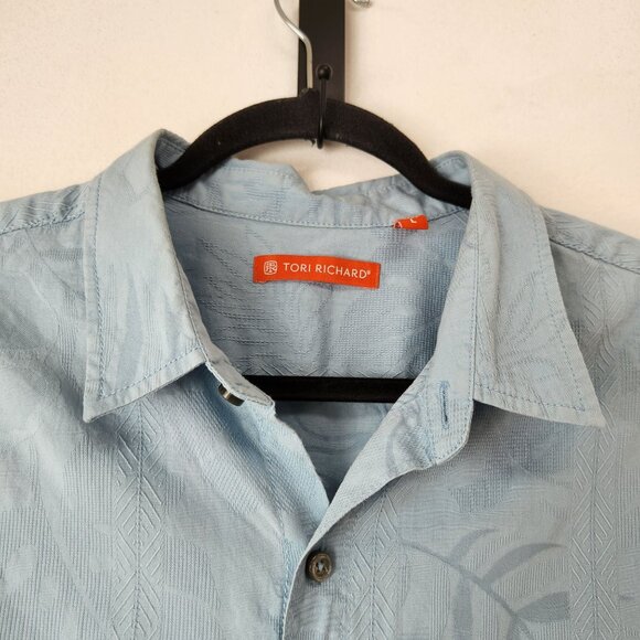 Tori Richard Silk Blend Blue Button Down Shirt Hawaiian Tropical Beachy Men's L - Picture 5 of 9